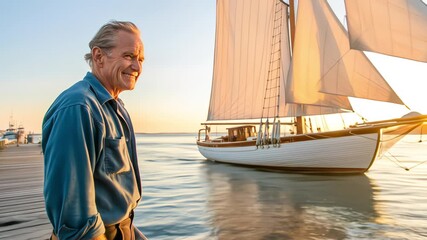 A content senior man smiles on a wooden dock as a classic sailboat glides by on calm water at sunset