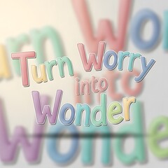 Colorful 3D letters spelling out the phrase 'Turn Worry into Wonder' arranged in a playful manner on a light background