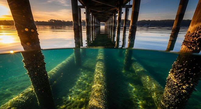 Split Level View Underneath Wooden Pier Pylons at Sunset with Clear Water