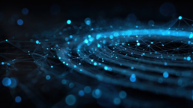 the text describes a futuristic digital network with glowing blue nodes thin lines circular tech patterns and geometric rings accompanied by a neon cyber grid and hightech data visualization