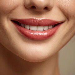 Fototapeta premium Smooth and plump lips with natural smile, radiating warmth and confidence. soft texture and subtle shine enhance overall beauty of face