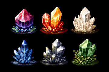 Magic Crystals 8-bit Pixel Art Game Set AI generated