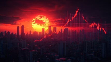 City skyline at fiery sunset, overlaid with rising stock chart