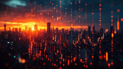 City skyline at sunrise, overlaid with financial data