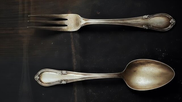 Silverware on dark slate.