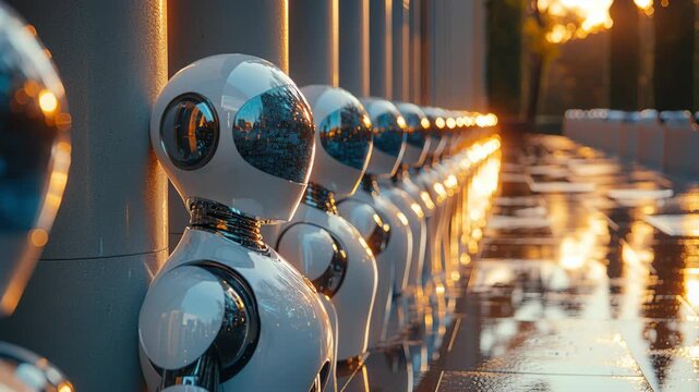 Urban landscape at sunset futuristic robots and technological innovation reflections