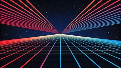 Retro futuristic landscape with grid and lines in perspective, reminiscent of the 1980s, perfect for synthwave, vaporwave, or cyberpunk themes and digital art projects