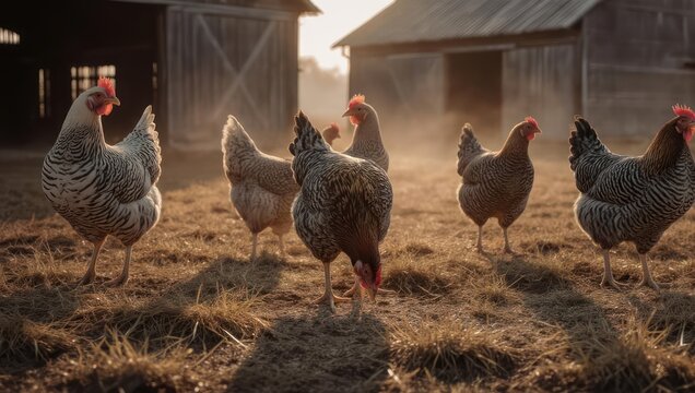 Flock of Chickens Grazing in a Rustic Farmyard at Sunrise.
