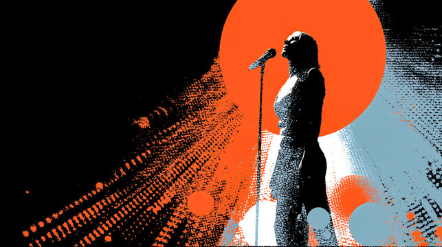 Silhouette stage spotlight microphone singer concert performance music audience energy. Silhouette singer stage bright spotlight with bold abstract halftone shapes and vibrant color contrast