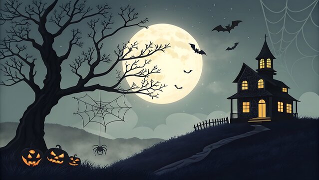 Spooky halloween night scene with haunted house, full moon, bats, pumpkins, spiderwebs, and a gnarled tree, creating a chilling and eerie atmosphere for the holiday