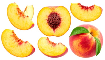 Fresh and Juicy Peach Slices and Whole Fruit.