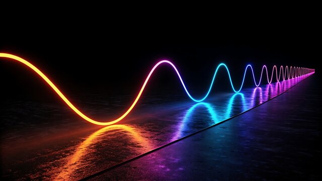 A vibrant neon light wave reflects on a dark, glossy surface, creating a mesmerizing display of color and movement, perfect for a futuristic or technological theme