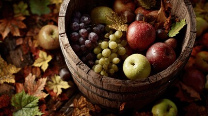 closeup of a wooden bucket packed with autumn harvest fruits like apples grapes and figs surrounded by fallen leaves