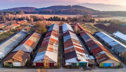 Aerial view of a row of aged industrial buildings, their varied, weathered roofs contrasting with the distant forest and sky