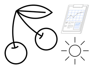 Two cherries with leaves, growth chart on clipboard, and sun rays arranged in clean design. Ideal for productivity, nature, growth, summer, health data analysis sustainability. Simple flat metaphor