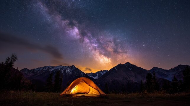 camping under a starry sky orange tent glows in mountain valley distant peaks and clouds silhouette against purple and yellow milky way astrophotography landscape