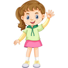 Illustration of a Happy Young Girl With Brown Hair Waving Hello She Is Wearing A Green Hoodie Pink Skirt and White Socks