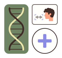 DNA strand, face with soundwave for voice recognition, and health cross. Ideal for health, genetics, tech innovation, diagnostics, AI digital health biotechnology. Simple flat metaphor