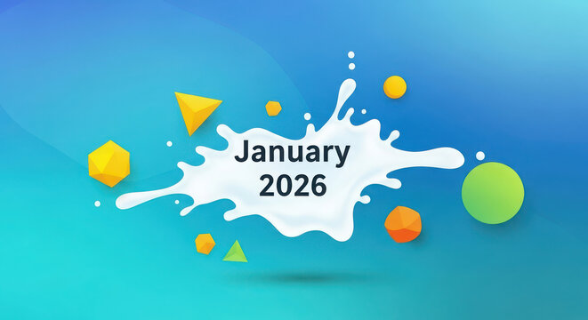 January 2026 highlighted on a white splash with abstract geometric forms, blue.