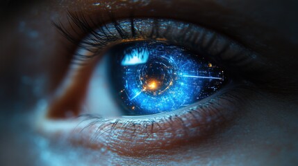 Close-up eye, glowing digital circuitry