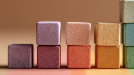 Fototapeta premium Close-up shot of colorful stacked cubes, showcasing various pastel shades and textures.