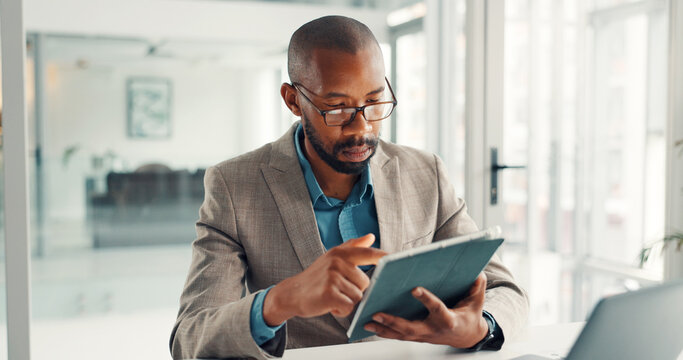 Scroll, info and businessman with tablet, office and financial analysis on web, online and research. Investment banker, black person and planning for pitch with tech, browsing or checking market data