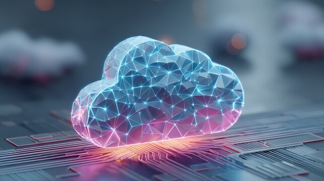 A futuristic, geometric cloud structure glows on a digital background, symbolizing cloud computing and technological innovation.
