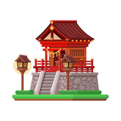 Japanese Shinto Shrine with Lanterns — Traditional Asian Temple Vector Illustration