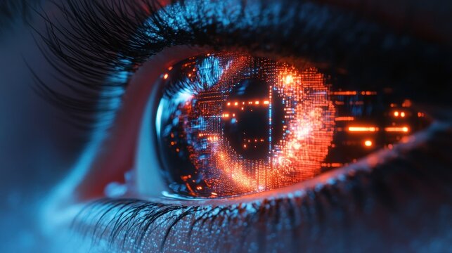 Close-up eye with glowing digital circuitry