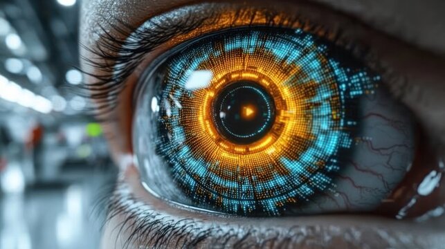 Close-up eye with glowing tech interface