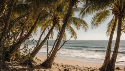 Leaning Palm Trees on a Serene Tropical Beach Paradise.