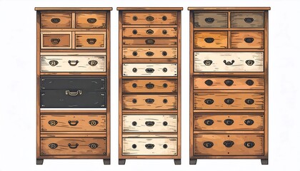 Three Rustic Wooden Chests of Drawers on White Background.
