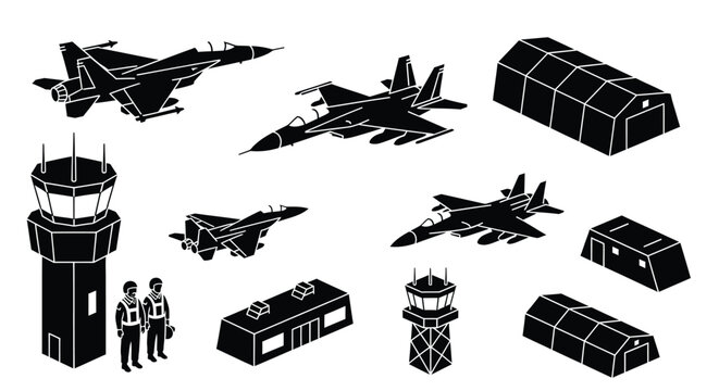 Military airbase isometric vector illustration black and white editable stock