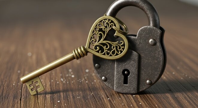 Vintage Antique Padlock and Key with Heart Shape Decoration on Wooden Surface Symbolizing Love and Security for Special Occasion
