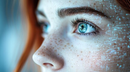 Close-up of a girl's face with digital code overlay