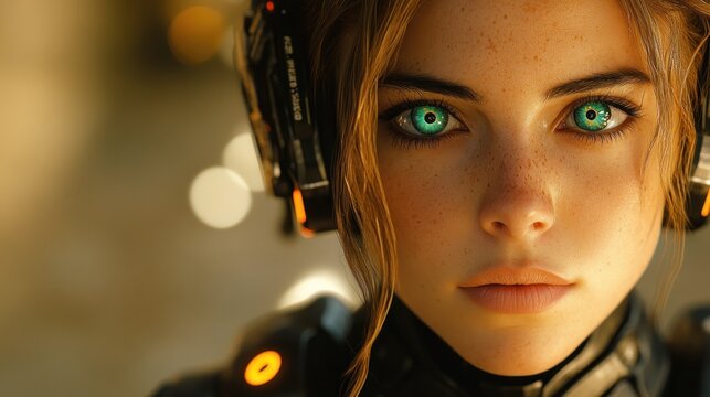 Close-up of a futuristic woman with glowing eyes