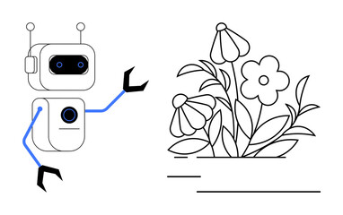 Simple robot reaching toward vibrant flowers, emphasizing technology s coexistence with nature. Ideal for innovation, sustainability, creativity, future, eco-friendliness, learning, and balance