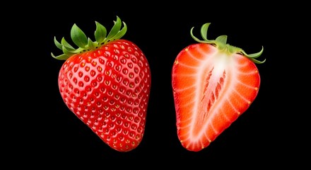 Close up of a whole ripe strawberry next to a perfectly sliced strawberry revealing its juicy red interior on a black background