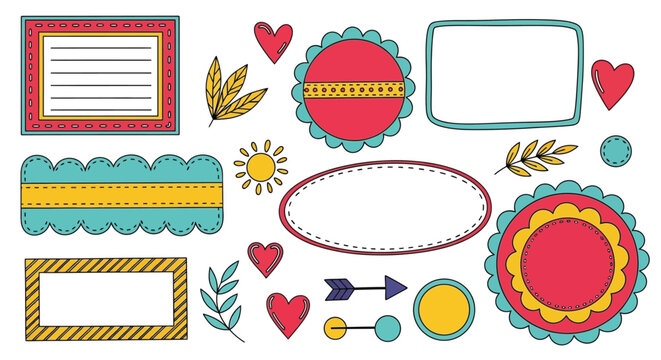 Colorful doodle frames and banners for bullet journal scrapbook editable stock