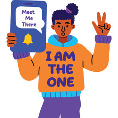 Illustration Of A Person Holding A Smartphone Showing A Notification And Making A Peace Sign With A Hoodie That Reads I Am The One And Purple Pants In A Transparent Background
