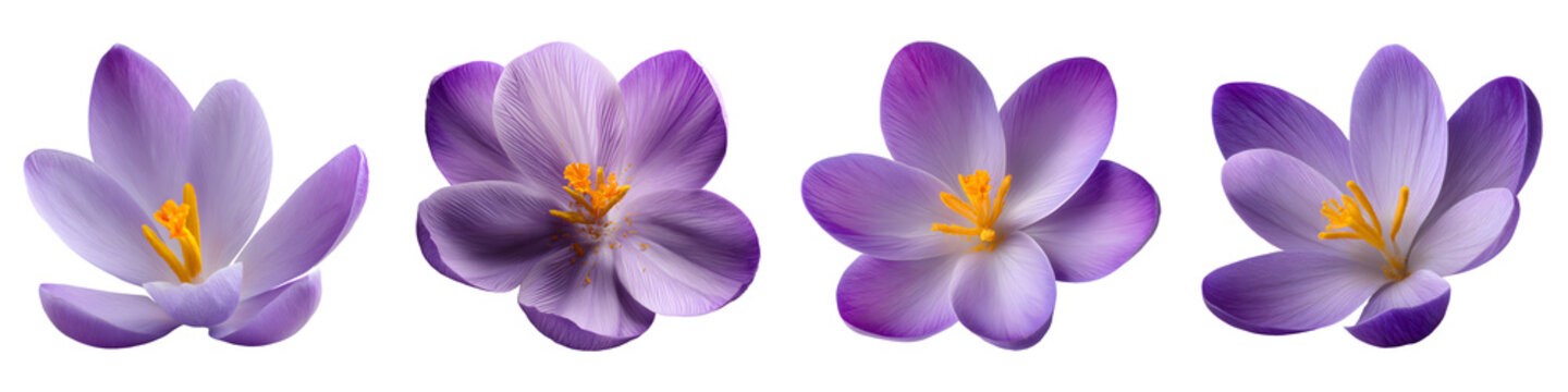 Set of purple crocus flowers, isolated on transparent background