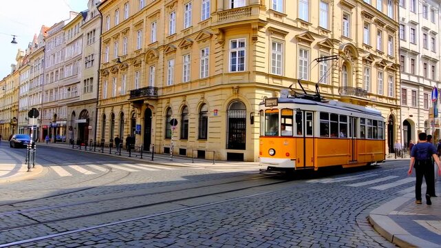 A yellow tram travels on cobblestone tracks through a European city. Buildings line the street