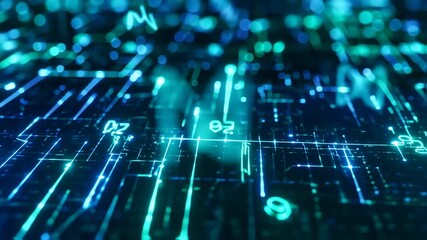 A vibrant, neon-lit digital circuit board with geometric shapes. Glowing lines and lights - Powered by Adobe