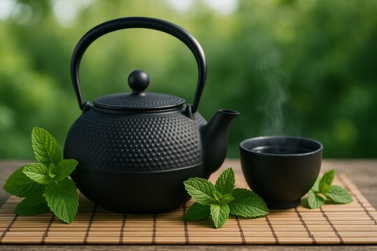 Black cast iron teapot and cup with fresh mint leaves on bamboo mat outdoors, symbolizing natural herbal tea drinks concept in peaceful garden setting. Ai generative - Powered by Adobe