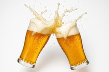 Two frosty beer glasses clinking with splash effect on white background, symbolizing celebration and refreshing drinks concept. Ai generative