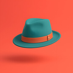 Stylized Floating Fedora Hat in Teal and Coral on Vibrant Minimal Background