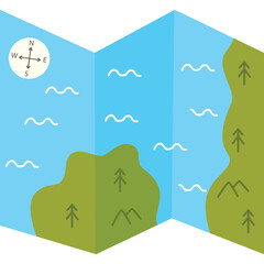 Abstract Flat Design Map With Compass And Wavy Lines Illustrating Land And Sea In Light Blue And Green Colors
