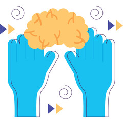 Blue Hands Holding Yellow Brain With Swirls And Arrows On Transparent Background Minimalist Style