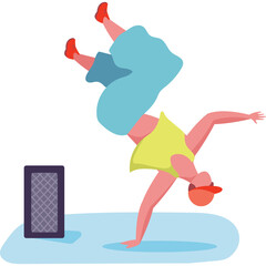 Breakdancer in yellow shirt blue shorts red cap performing a handstand with speaker in flat design style on transparent background
