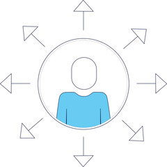Abstract Human Icon Surrounded by Arrows and Dotted Circle Symbolizing Connection and Expansion Against White Background with Blue and Dark Blue Accents